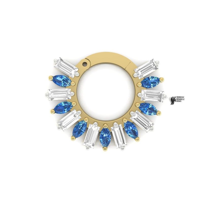 Blue Sapphire Diamond Septum Clicker | Solid Gold Marquise Sapphire Baguette Diamond Nose Ring | Elegant Piercing Jewelry
