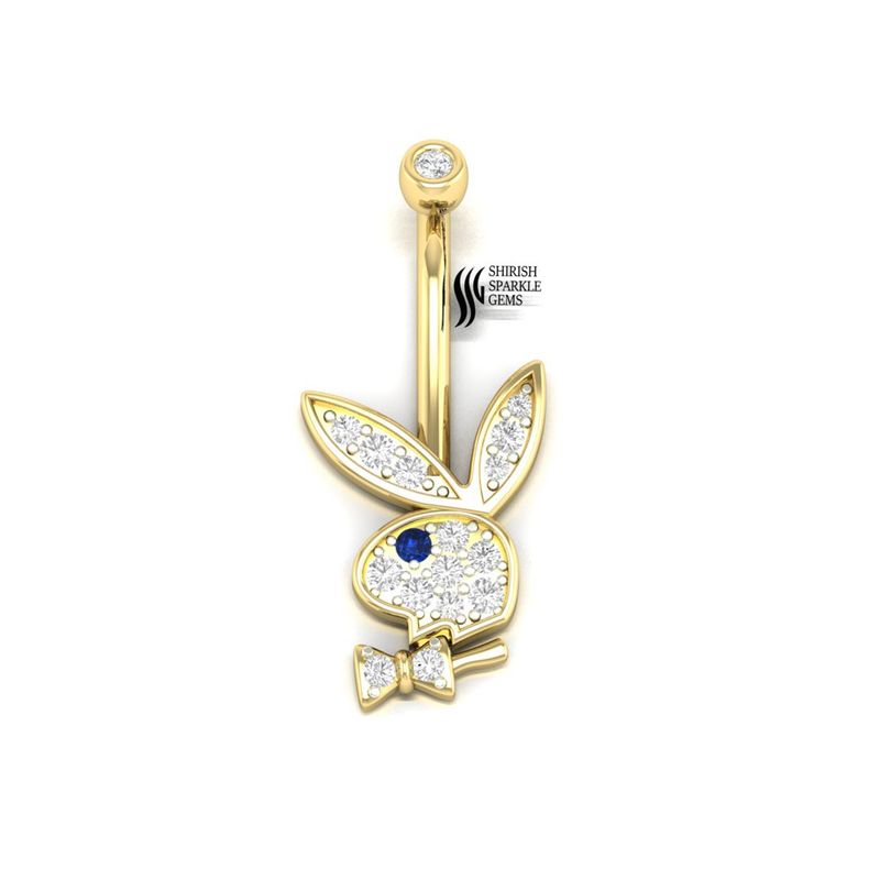 Gold Bunny Belly Ring, Diamond Rabbit Navel Piercing, Blue Sapphire Belly Button Jewelry