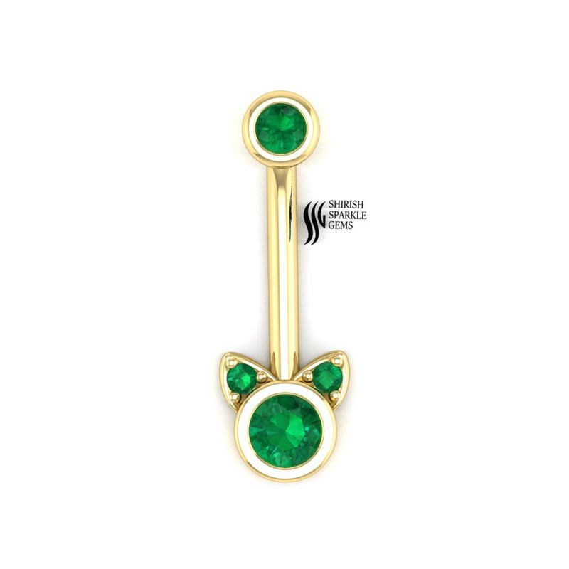 Emerald Cat Belly Ring Solid Gold, Cute Kitty Navel Piercing Jewelry, Green Gemstone Belly Button Ring, Gift