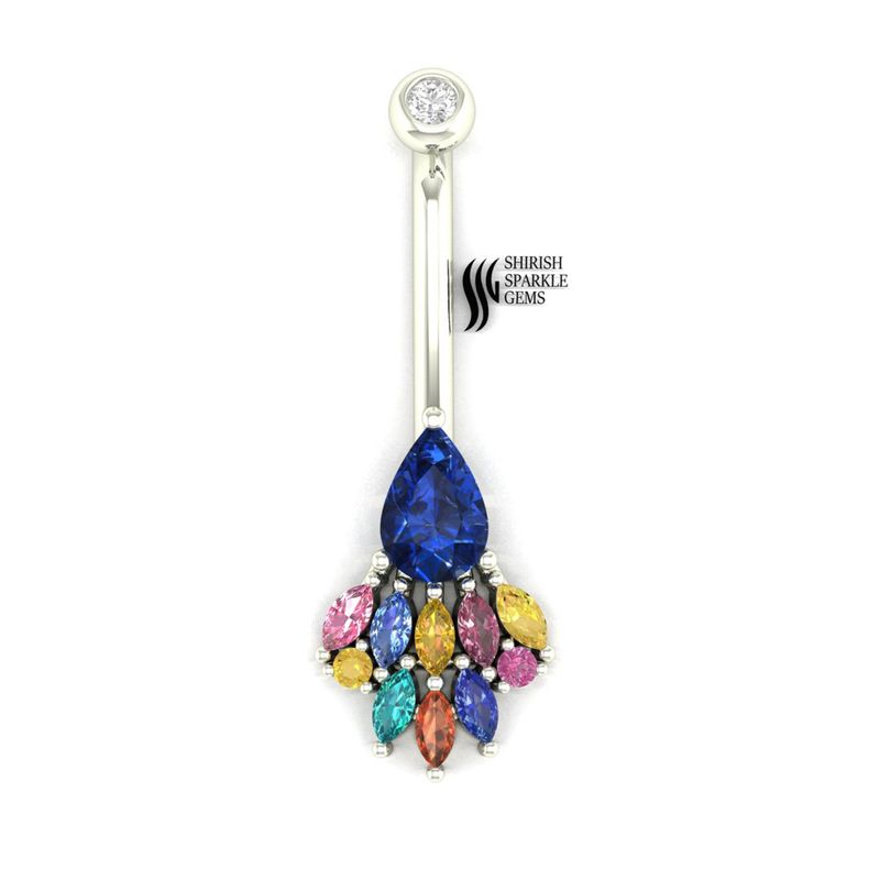 Rainbow Gemstone Belly Button Ring, Blue Sapphire Navel Ring, Solid Gold Multicolor Belly Piercing Jewelry,