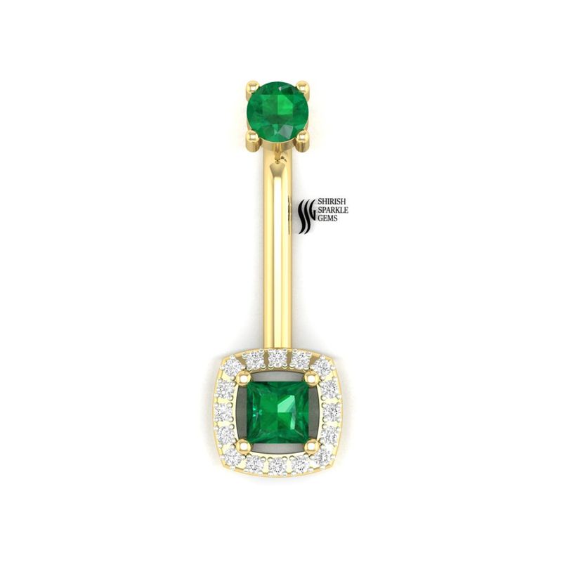 Solid Gold Emerald Navel Ring with Diamond Halo, Green Gem Belly Button Piercing, Luxury Belly Ring