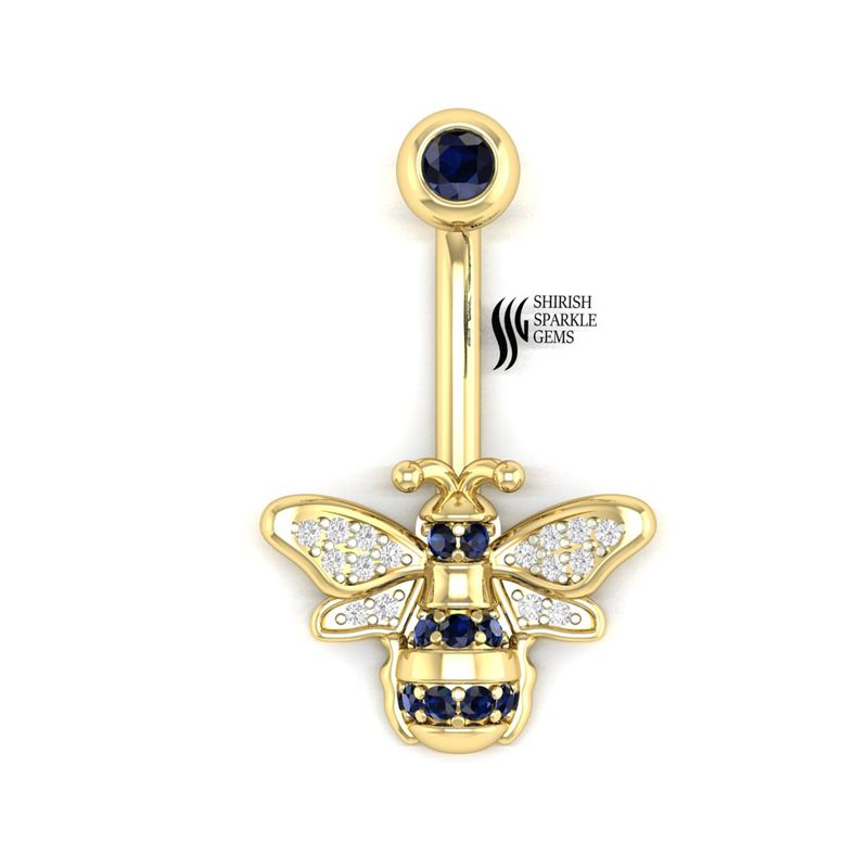 Luxury Bee Belly Button Ring with Blue Sapphire & Diamond in Solid Gold