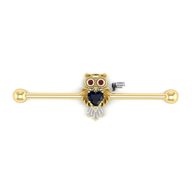 14K Gold Owl Industrial Barbell with Gemstones â Unique Birthday Gift for He