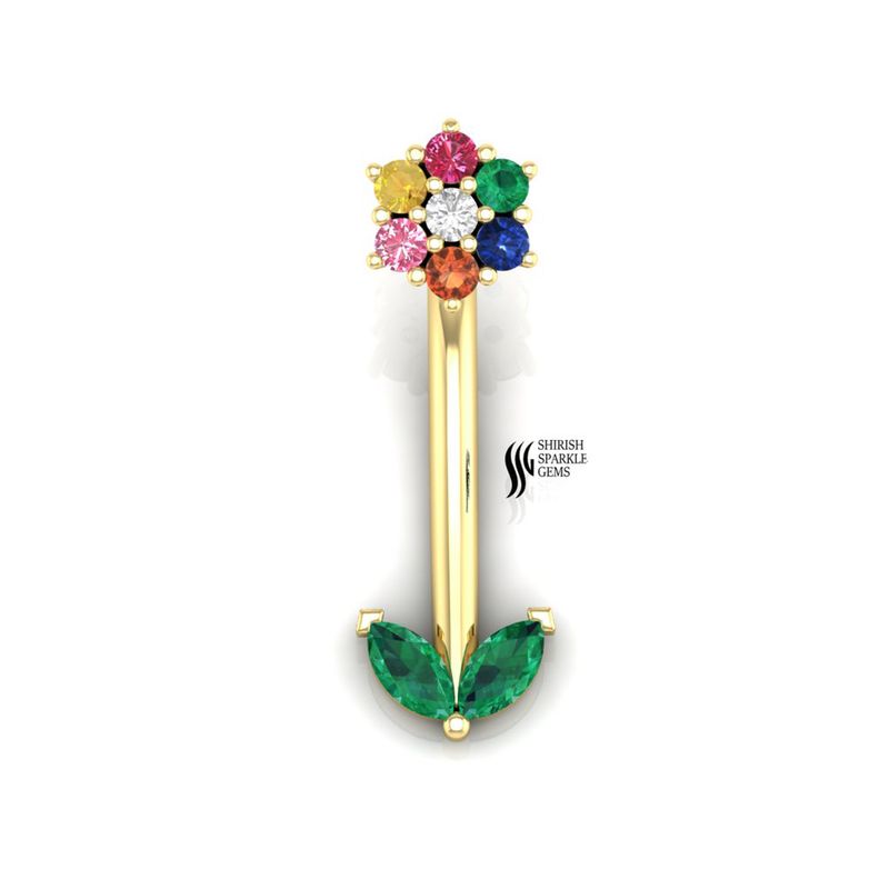 Multi Color Sapphire Belly Button Ring, 14K Gold Rainbow Navel Piercing Jewelry