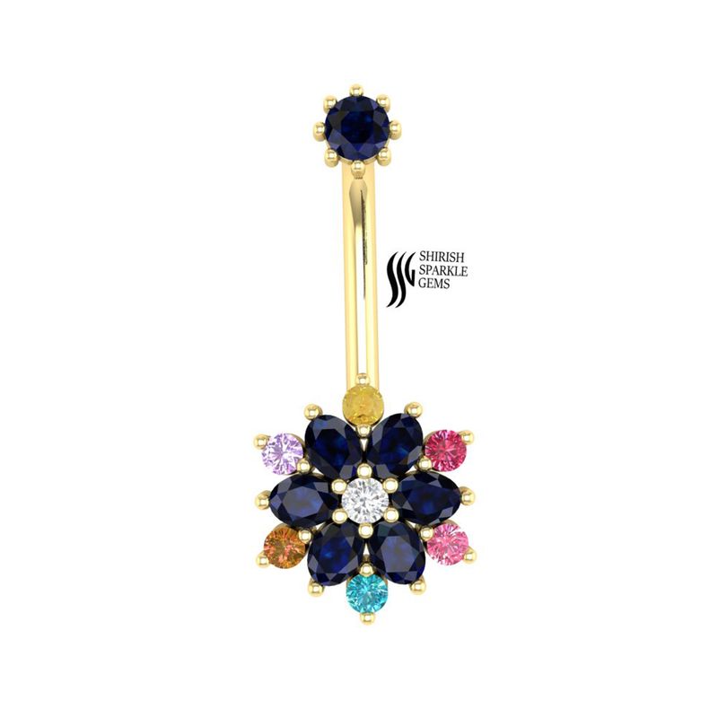 Gold Blue Sapphire Flower Belly Button Ring with Multicolor Gemstones