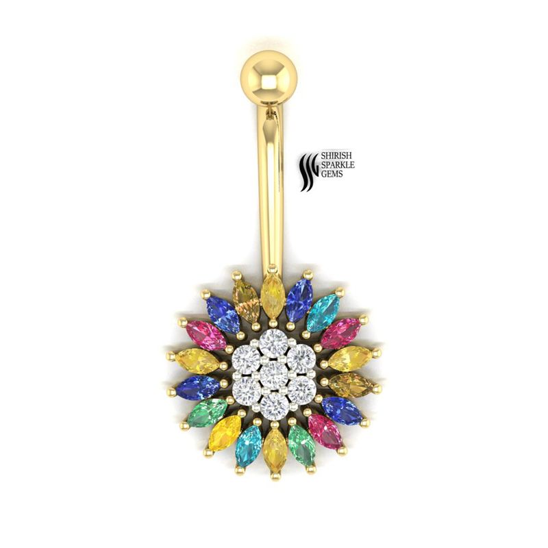 Rainbow Gemstone Flower Belly Button Ring with Diamond Center Multicolor Marquise Gem Navel Piercing Jewelry