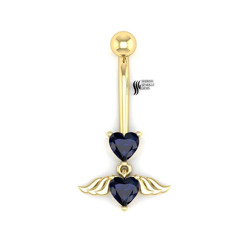 Gold Blue Sapphire Double Heart Wing Belly Button Ring â Angel Wing Heart Navel Piercing Jewelry