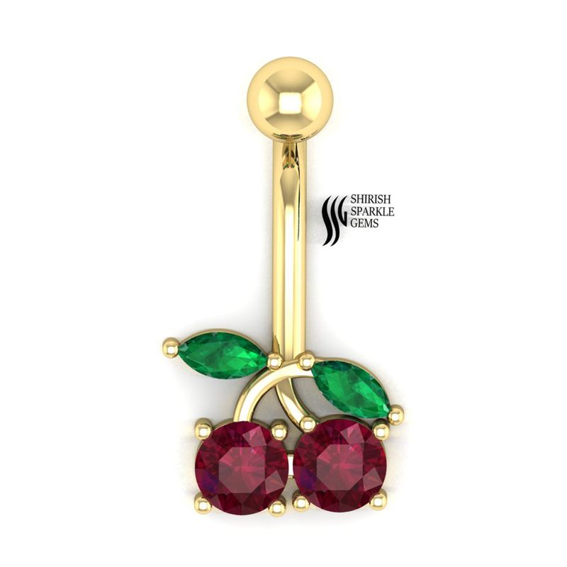 Gold Ruby Cherry Belly Button Ring with Emerald Leaves â Cute Fruit Navel Piercing Jewelry