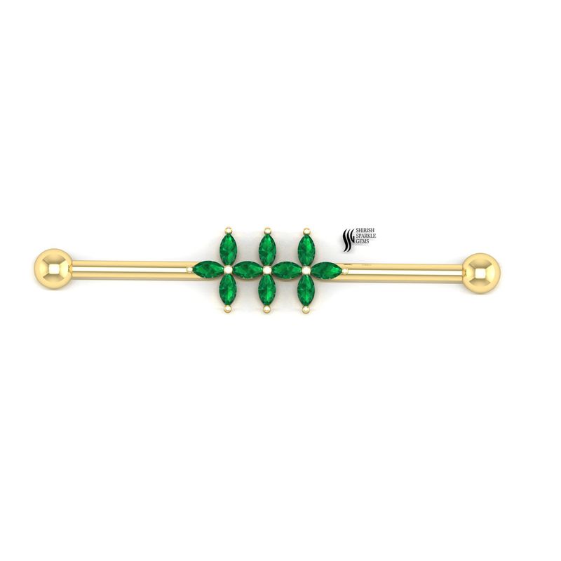 Green Marquise Gemstone Industrial Bar â Gold Cartilage Earring