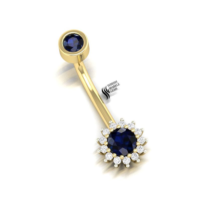 Blue Sapphire & Diamond Halo Belly Button Ring in Gold â Round Sapphire Navel Piercing Jewelry Gift for Her