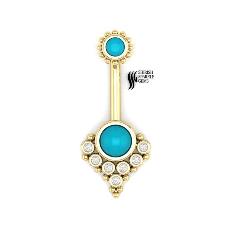 Turquoise Belly Button Ring 14K Solid Gold Diamond Navel Ring, Blue Turquoise Belly Bar,