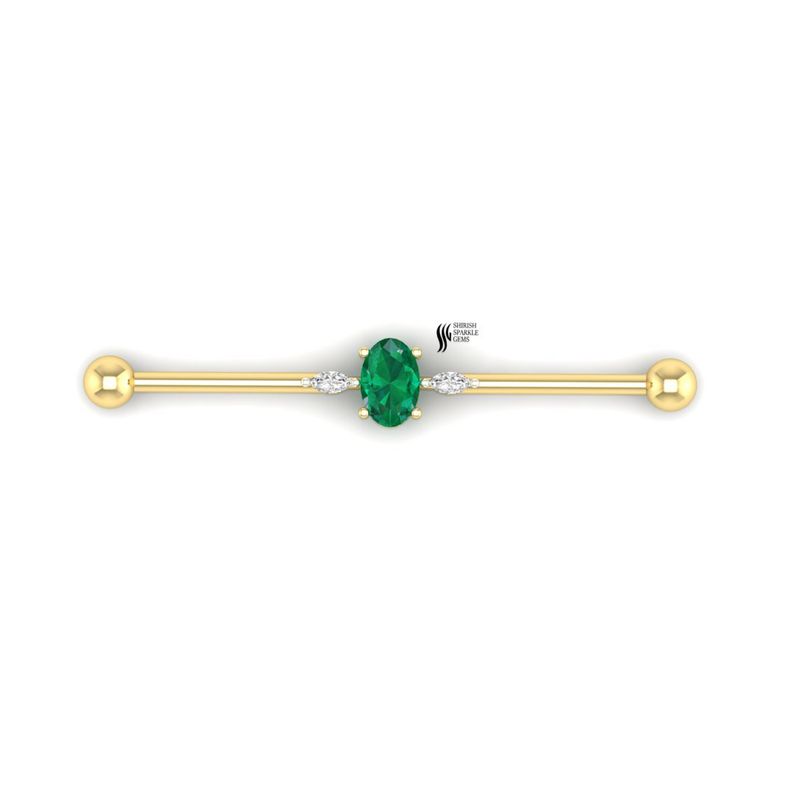 Gold Oval Emerald Diamond Industrial Piercing Barbell â Cartilage Ear Jewelry