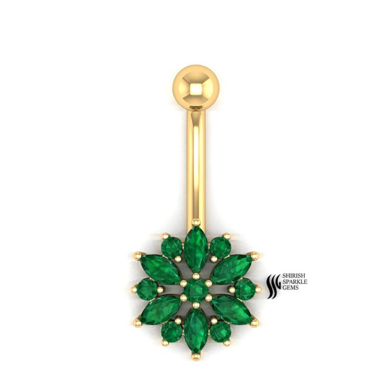 Natural Solid Gold Green Emerald Flower Belly Ring â Statement Navel Piercing Jewelry