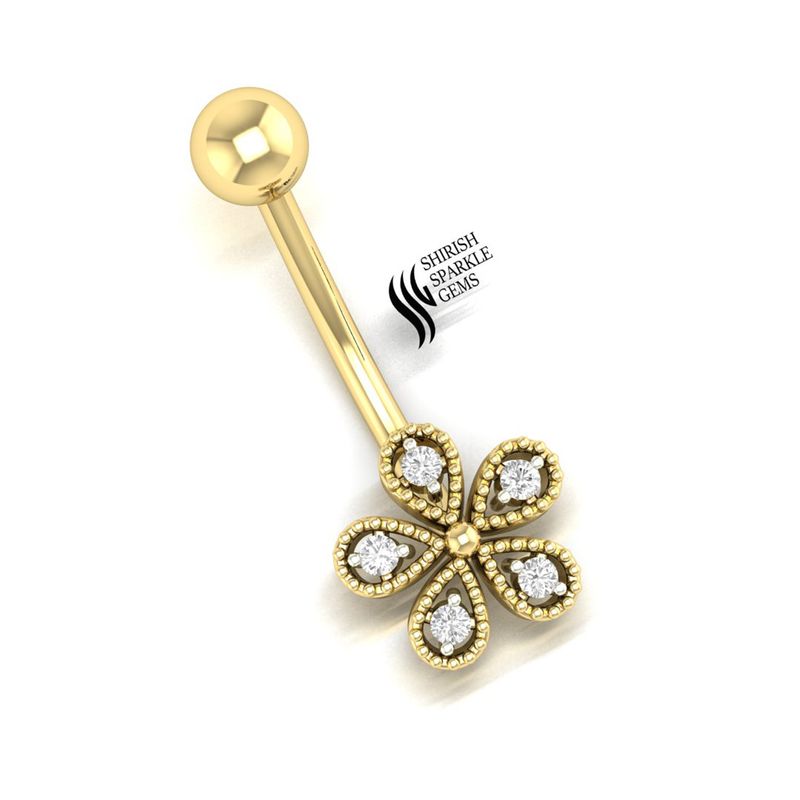 Diamond Flower Belly Button Ring Solid Gold, Floral Navel Piercing Jewelry, Elegant Gold Belly Bar