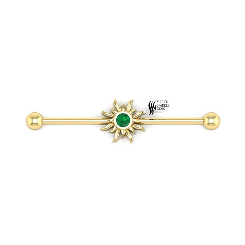 Gold Sun Industrial Barbell â Emerald Center Sunburst Industrial Ear Piercing Bar Jewelry