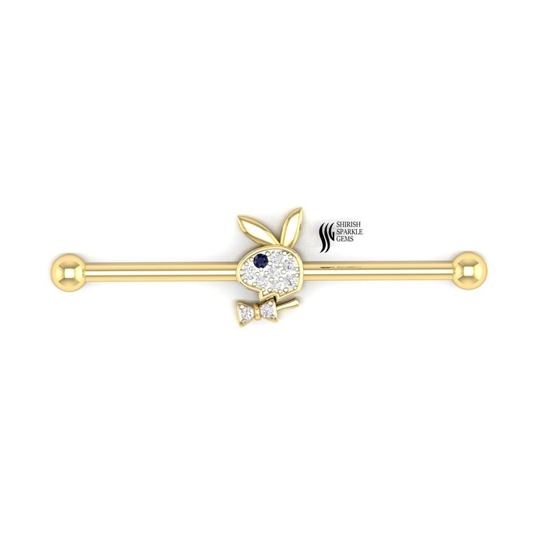 Natural Gold Bunny Industrial Barbell â Diamond Rabbit Ear Industrial Piercing Bar with Blue Sapphire Eye