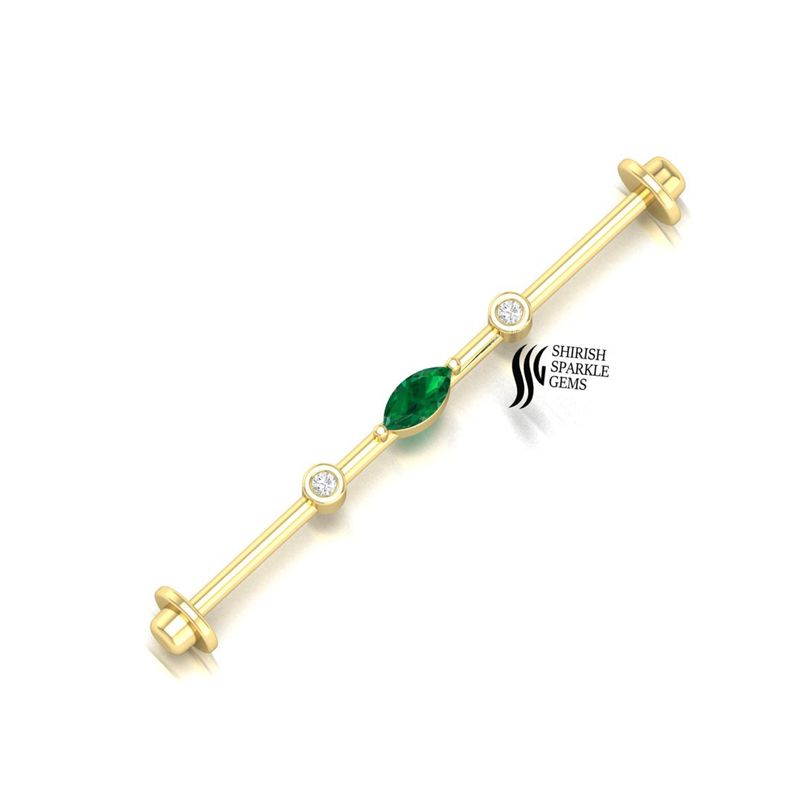 Natural Gold Emerald Diamond Industrial Barbell, Marquise Emerald Industrial Piercing,Cartilage Barbell, Helix Piercing Jewelry, Gift for Her