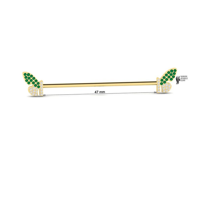 Emerald Diamond Industrial Barbell, Butterfly Industrial Piercing, Emerald Cartilage Bar, Diamond Helix Barbell, Piercing Jewelry Gift