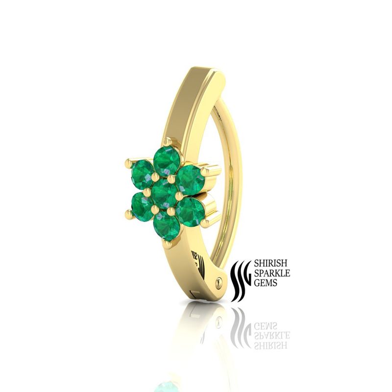 Emerald Flower Belly Ring, Solid Gold Belly Button Ring, Green Gem Navel Piercing,