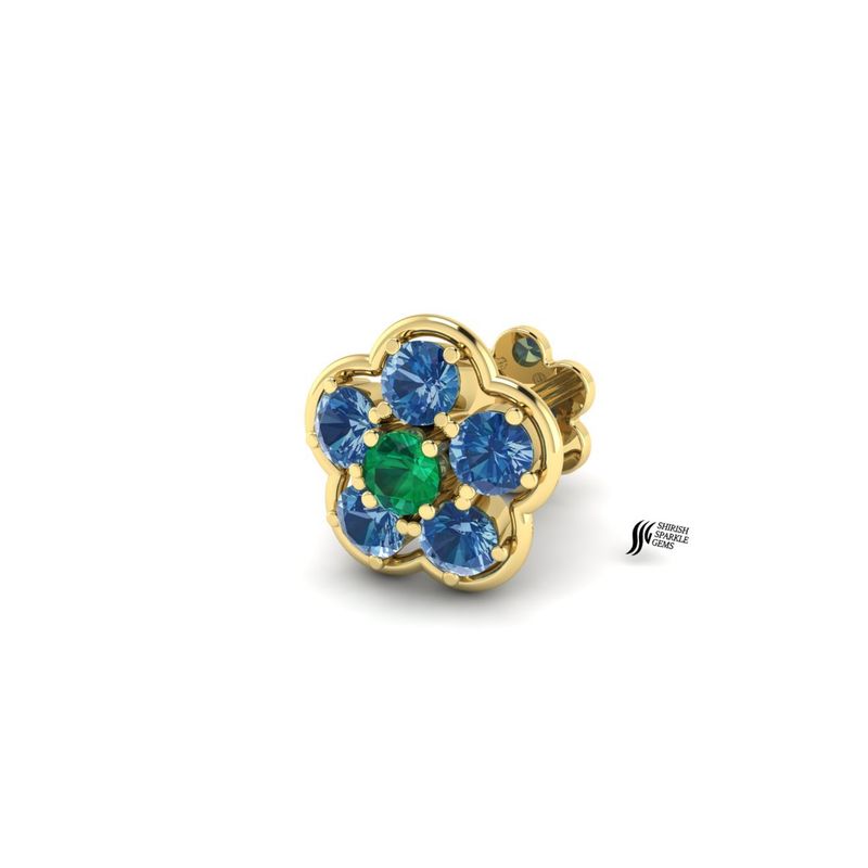 Floral Blue Sapphire & Emerald Nose Pin in 14K Gold â Luxury Flower Nose Stud