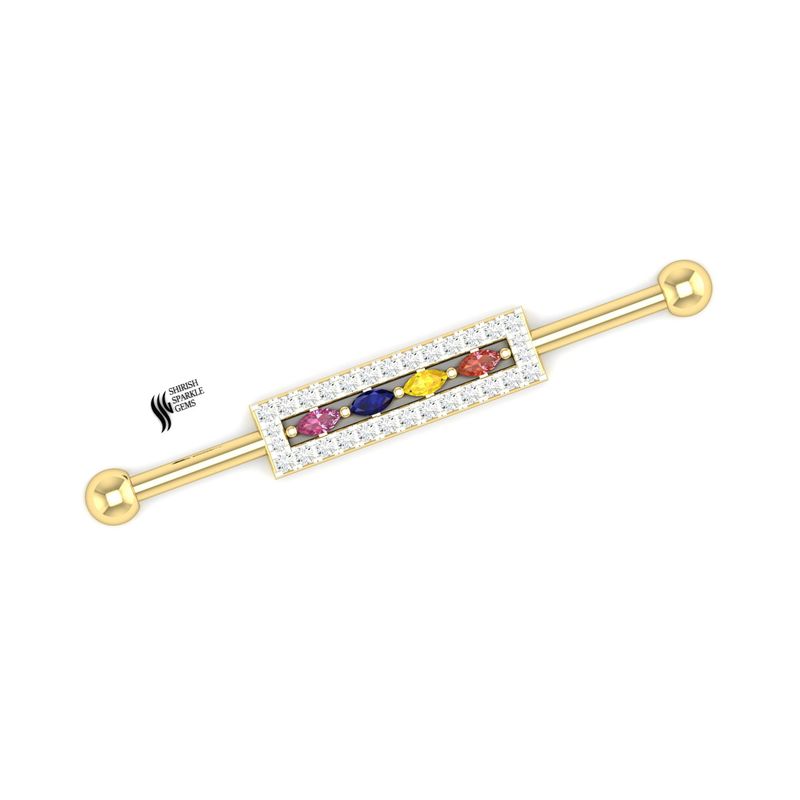 Colorful Marquise Gemstone Industrial Bar Piercing with Diamond Border Gold Jewelry