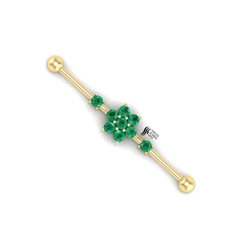 Round Emerald Flower Industrial Barbell â 14K Gold Industrial Piercing Jewelry