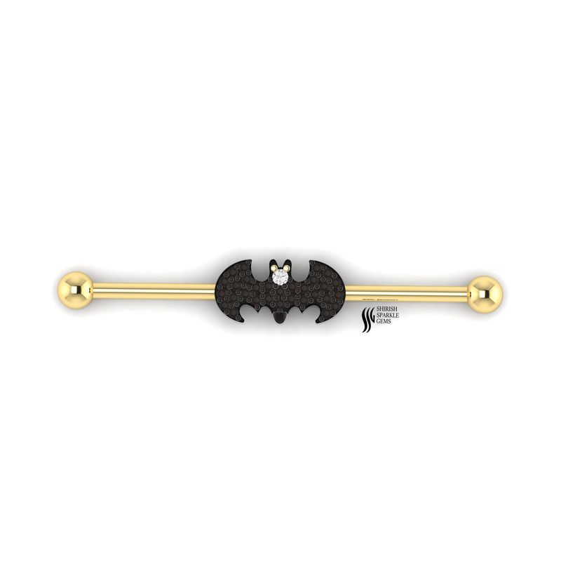 Natural Black Diamond Bat Industrial Barbell â 14K Gold Gothic Cartilage Piercing