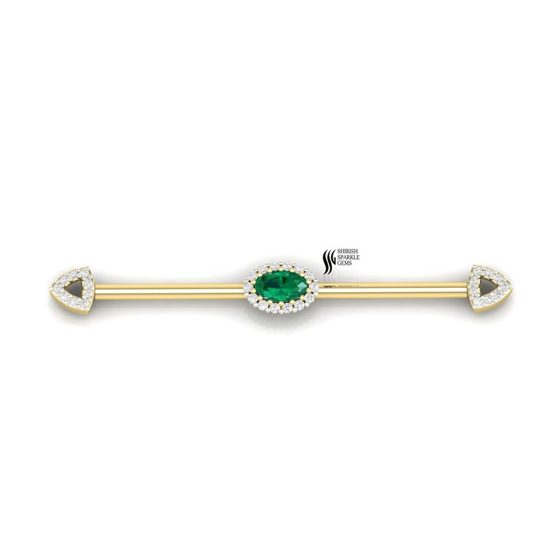 Emerald Diamond Industrial Barbell Piercing Gift Gold Green Gemstone Helix Scaffold Earring Diamond Halo Triangle Ends