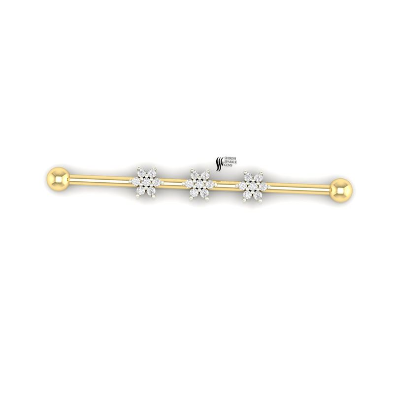 Diamond Floral Industrial Piercing Bar â 14K Gold Helix Scaffold Earring with Cluster Flowers
