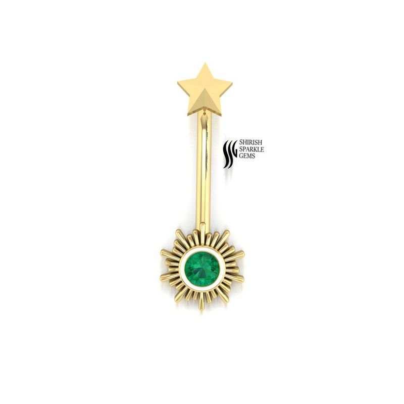 Emerald Sunburst Belly Button Ring with Star Top 14K Gold Navel Piercing Jewelry