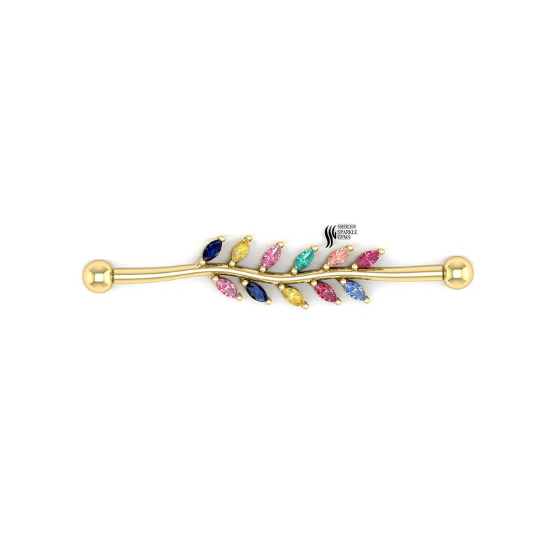 Rainbow Gemstone Leaf Industrial Barbell 14K Gold Cartilage Scaffold Piercing Jewelry
