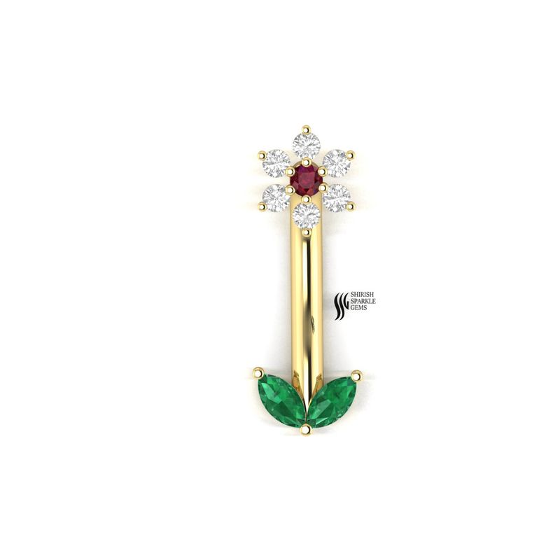 Ruby Diamond Flower Curved Barbell with Emerald Marquise Navel Piercing Jewelry