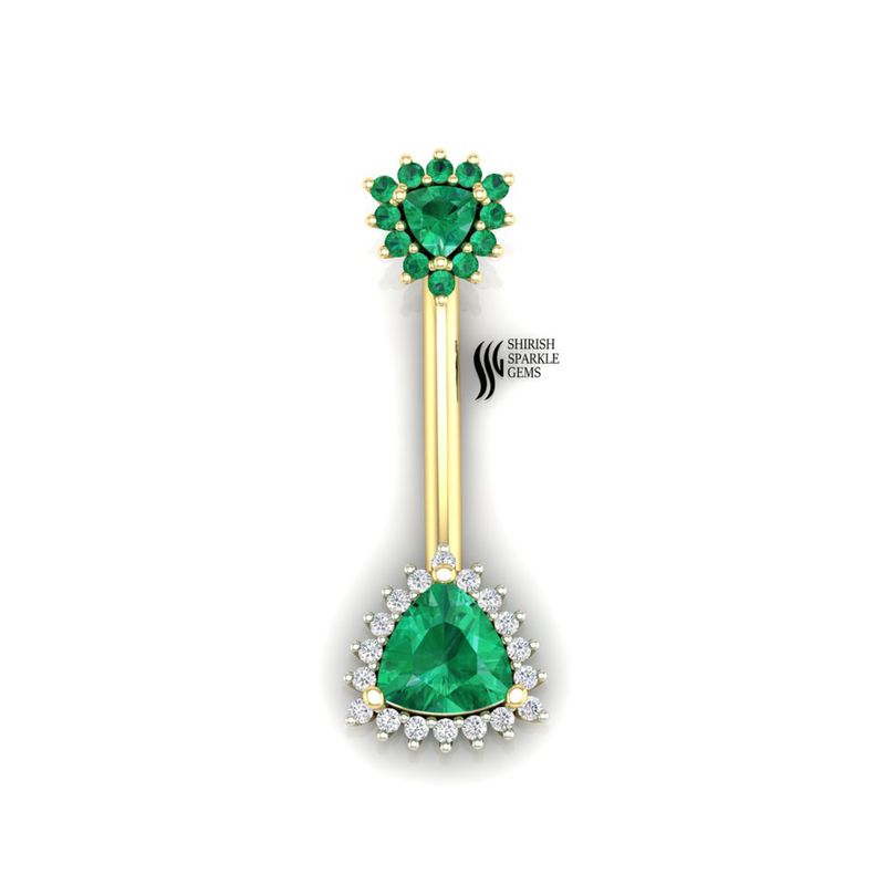 Emerald Trillion Diamond Halo Belly Button Ring in 14K Gold Navel Piercing Jewelry