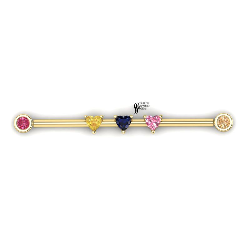 Multi Gemstone Heart Industrial Barbell Earring in 14K Gold â Sapphire, Pink & Yellow Heart Piercing Jewelry