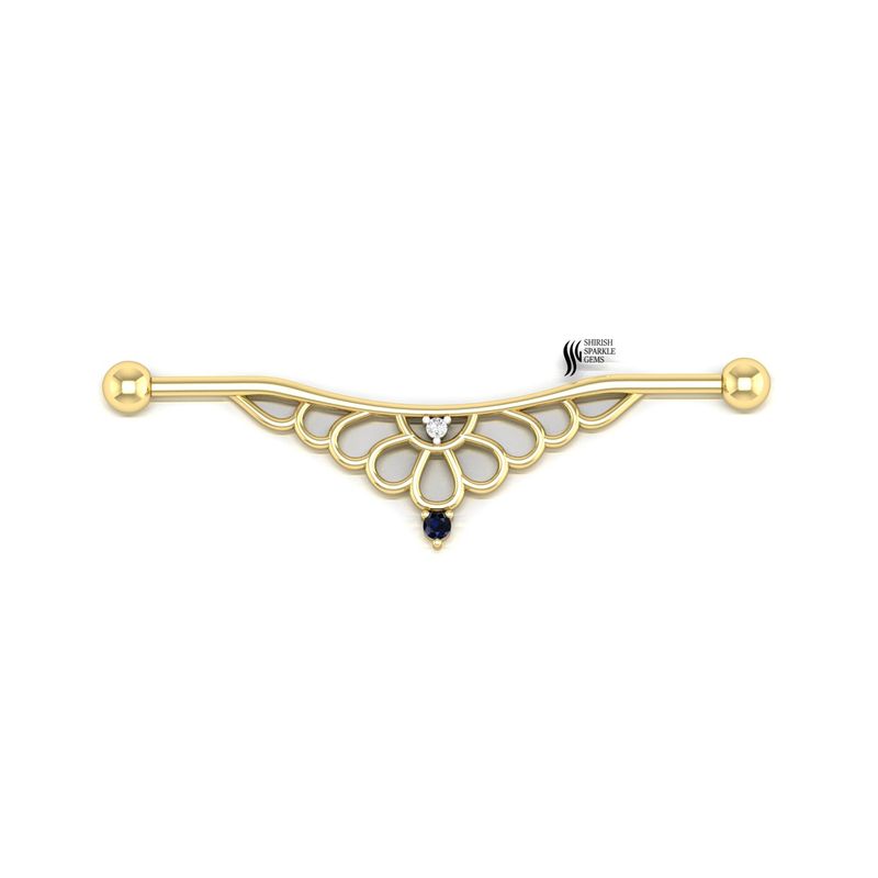 Diamond & Blue Sapphire Filigree Industrial Barbell Earring in 14K Gold â Elegant Scaffold Ear Piercing Jewelry
