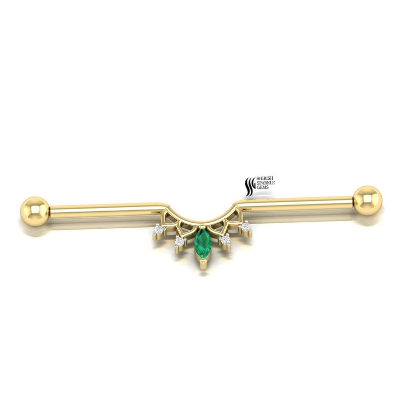 Emerald Diamond Dangle Industrial Barbell Earring in 14K Gold â Marquise Emerald Scaffold Piercing Jewelry