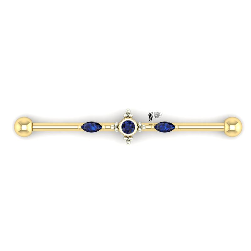 Blue Sapphire Industrial Barbell Earring in 14K Gold â Marquise & Round Gemstone Cartilage Piercing Bar