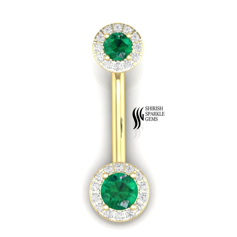 Emerald & Diamond Halo Industrial Barbell Earring in 14K Gold â Round Gemstone Cartilage Piercing Bar