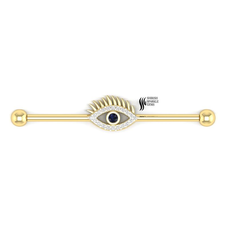 Gold Evil Eye Industrial Barbell â Diamond & Blue Sapphire Eye Cartilage Piercing Bar, Lucky Protection Ear Jewelry