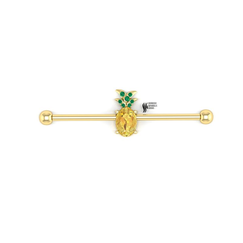 Gold Pineapple Industrial Barbell â Citrine & Emerald Pineapple Cartilage Piercing Bar, Tropical Ear Jewelry