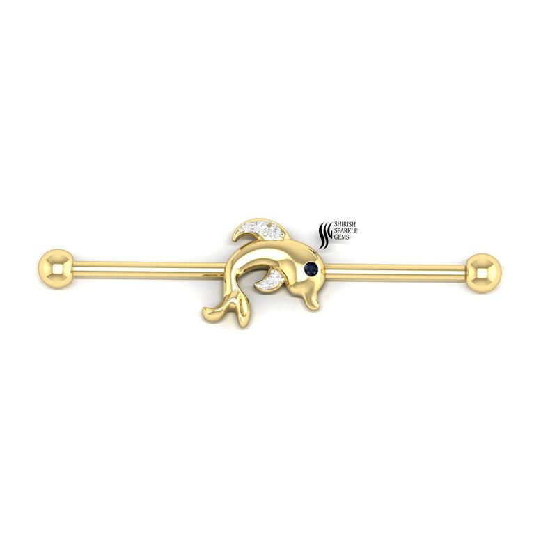 Gold Dolphin Industrial Barbell â Diamond & Blue Sapphire Dolphin Cartilage Piercing Bar, Ocean Animal Ear Jewelry
