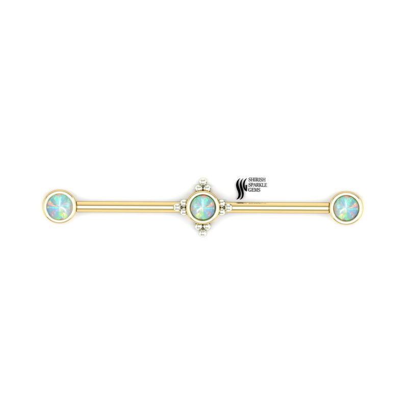 Opal Industrial Barbell â Opal Cartilage Piercing Bar with Beaded Detail, Elegant Ear Piercing Jewelry