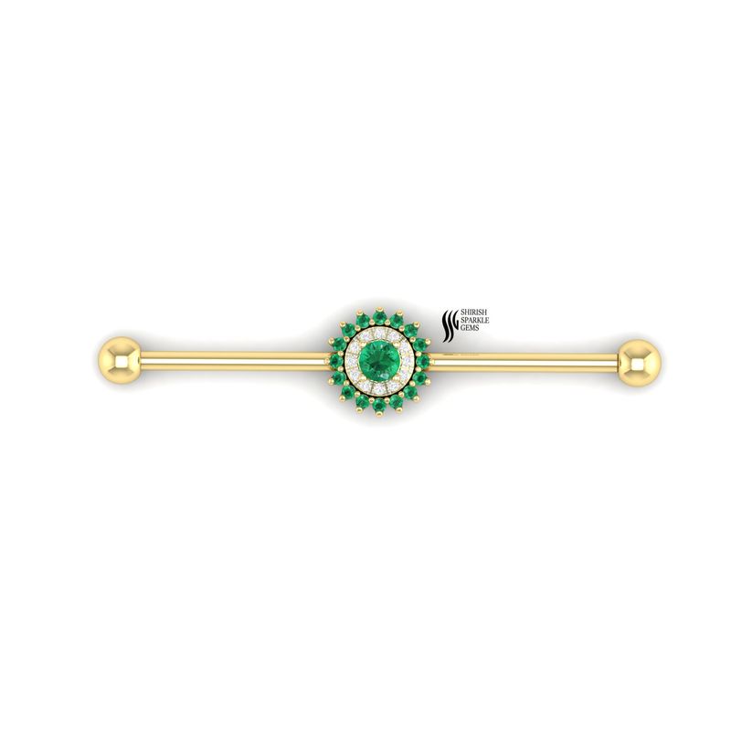 Emerald Diamond Industrial Barbell â Emerald Cartilage Piercing Bar, Luxury Industrial Ear Jewelry