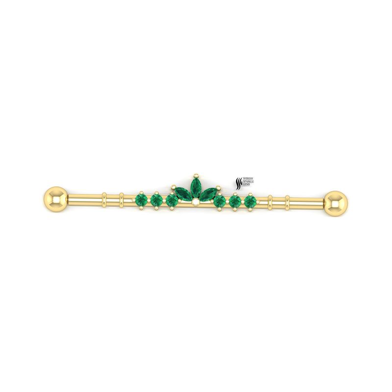 Emerald Industrial Barbell Piercing, Solid Gold Industrial Ear Bar, Marquise & Round Emerald Cartilage Barbell