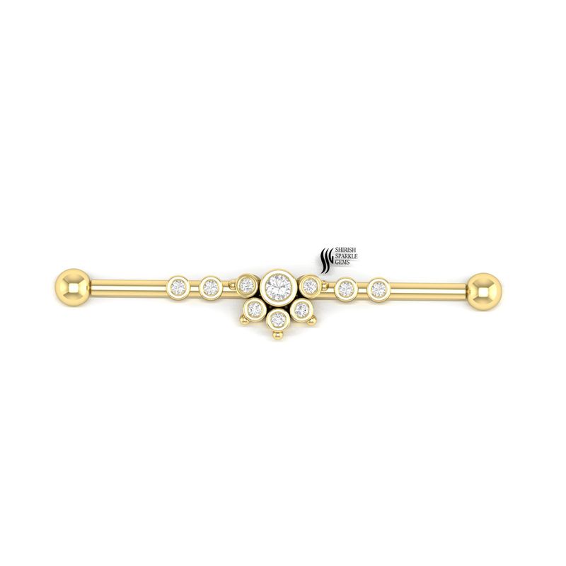 Gold Diamond Industrial Barbell Earring, Flower Diamond Industrial Piercing,