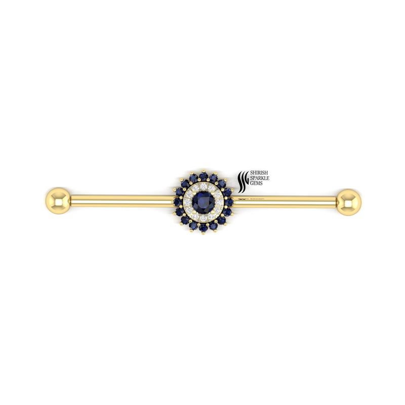 Blue Sapphire Diamond Industrial Barbell Earring, Sapphire Halo Industrial Piercing, Solid Gold Scaffold Barbell
