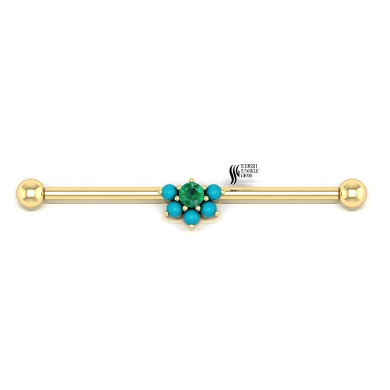 Emerald Turquoise Industrial Barbell Earring, Emerald Flower Industrial Piercing, Solid Gold Scaffold Barbell,