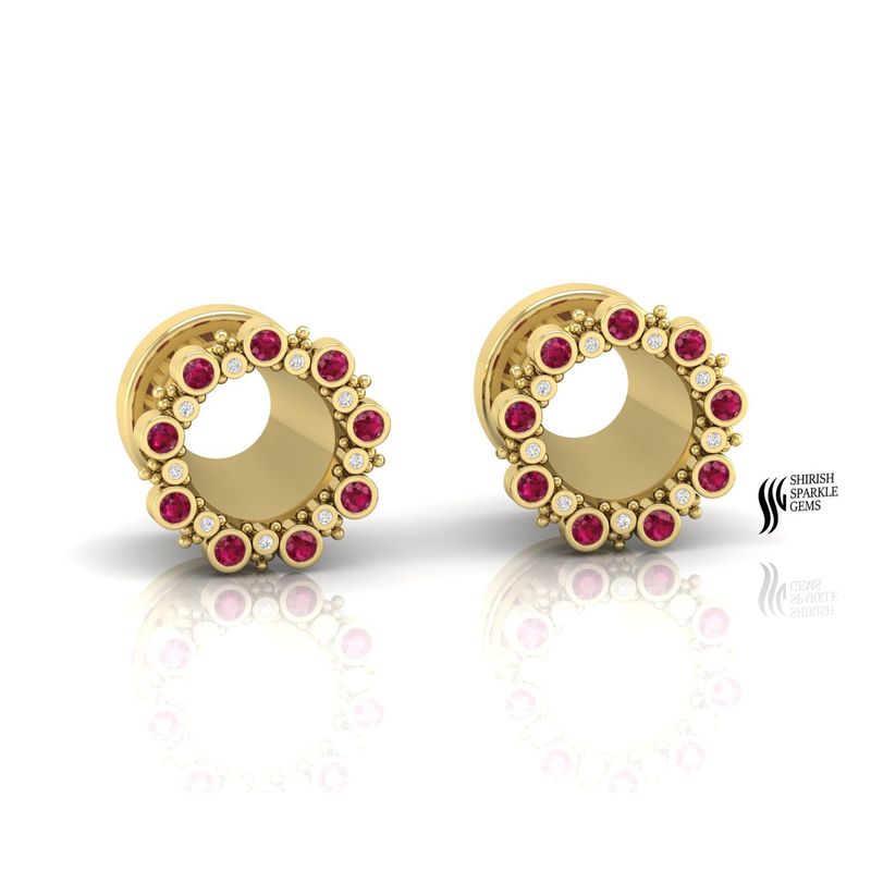 Ruby Diamond Tunnel Plug Earrings, Ruby Gauge Plug, Solid Gold Ear Tunnel, Ruby Diamond Ear Gauge Jewelry