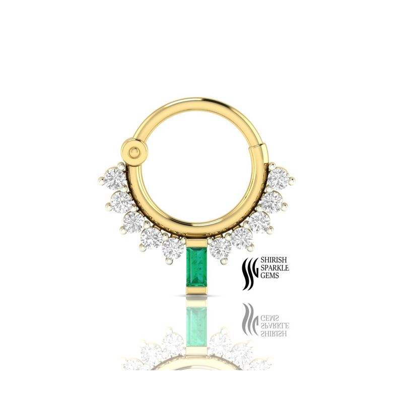 Emerald Diamond Septum Ring, Emerald Dangle Clicker Hoop, Diamond Septum Piercing, Emerald Nose Ring Hoop
