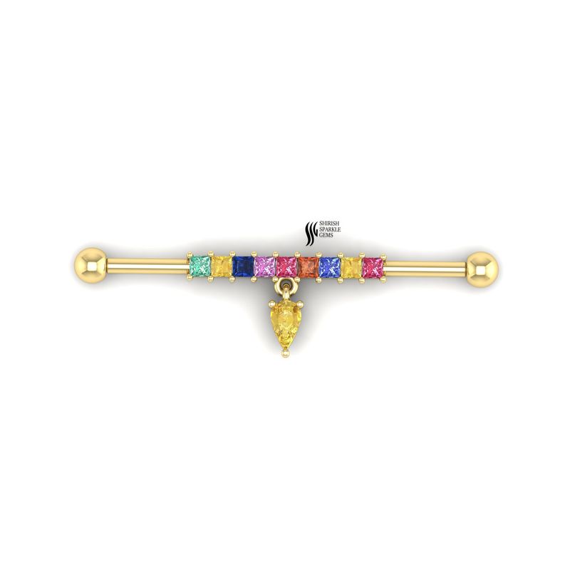 Gold Rainbow Sapphire Industrial Barbell, Multi Color Sapphire Scaffold Earring, Rainbow Gemstone Industrial Piercing,